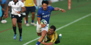 Rugby is played with an oval ball and the two teams can have 15 players for rugby union or 13 for rugby leagues.